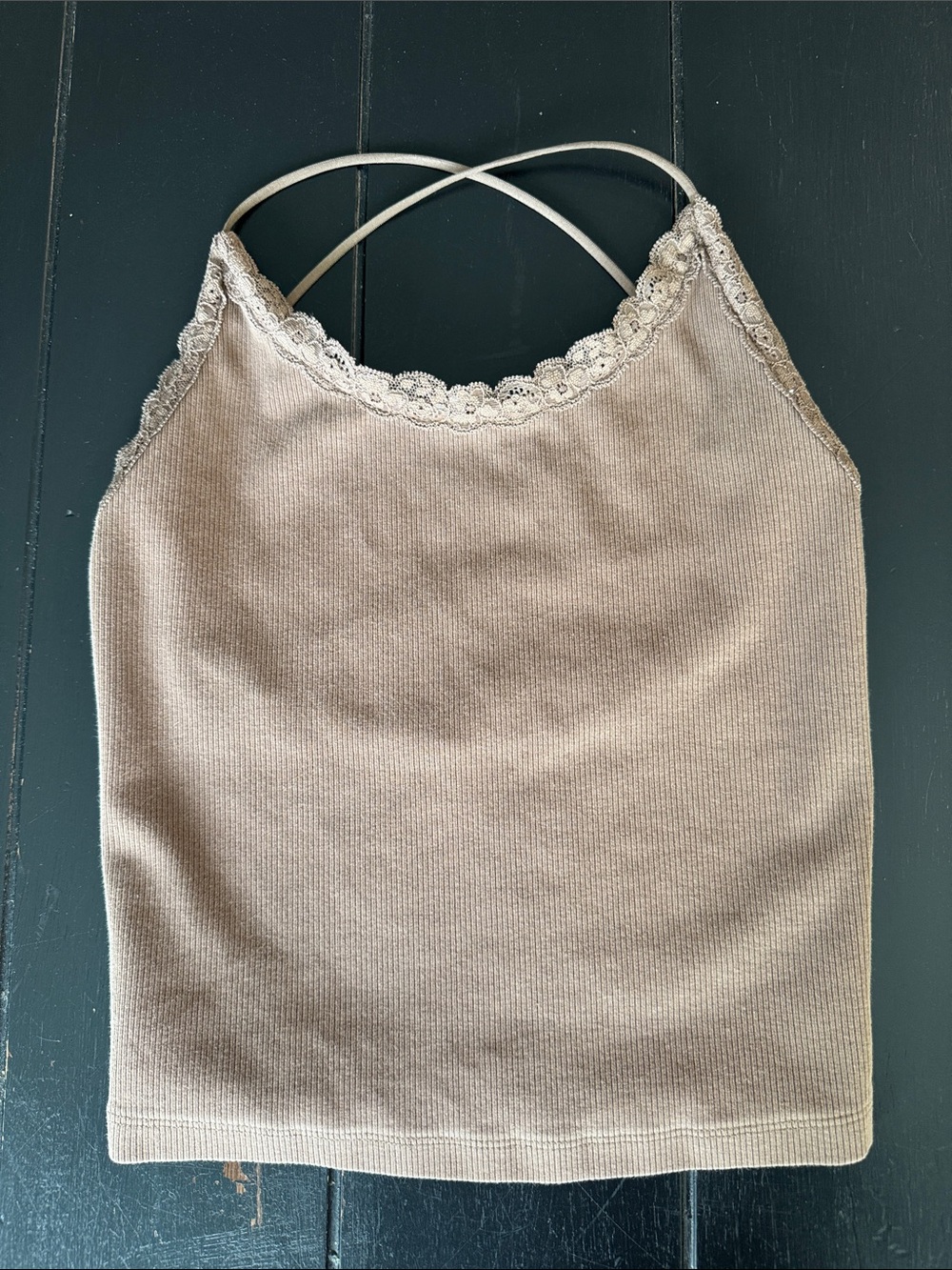 American Eagle Ribbed Lace-Trim Cami in Taupe